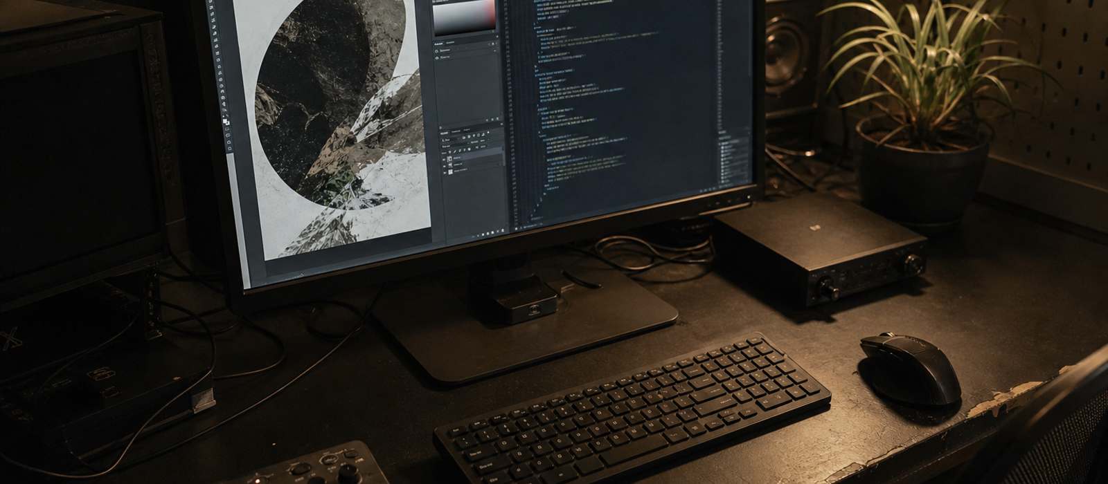 デザイン画面とコード画面を開いた制作ワークステーション
